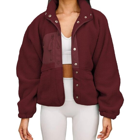 Women's Casual Wine Red Winter Fleece Faux Fur Jacket Coats Lapel Long Sleeve